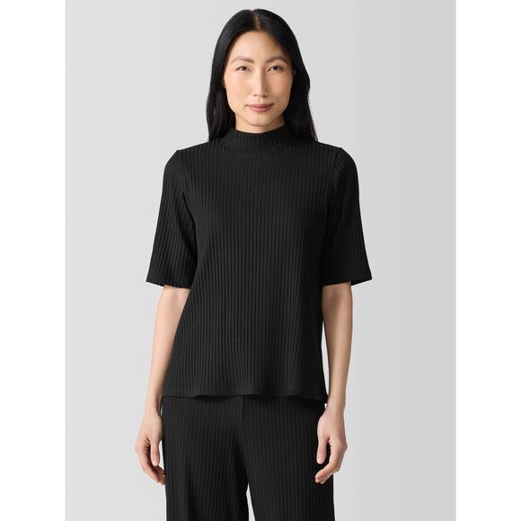 Eileen Fisher Textured Mock Neck Top Stretch Ribbed Casual Minimalist Chic S